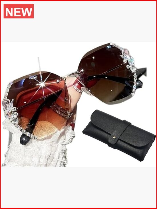 Rimless Rhinestone Sunglasses with Case - Square Retro Metal Frame main image 6